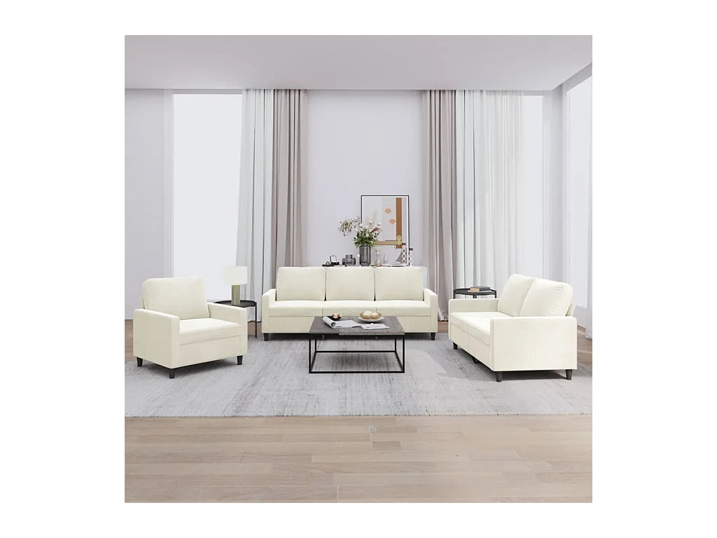 3-delige bankstel met crèmekleurige fluwelen kussens