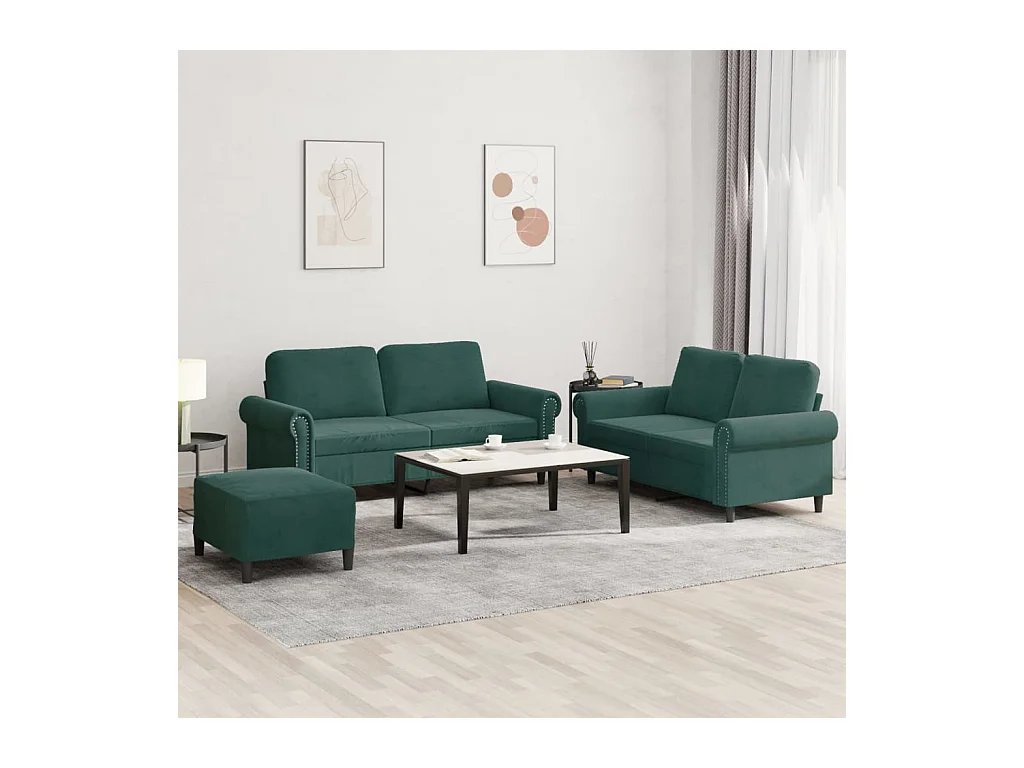 3-delige bankstel met kussens Donkergroen Fluweel