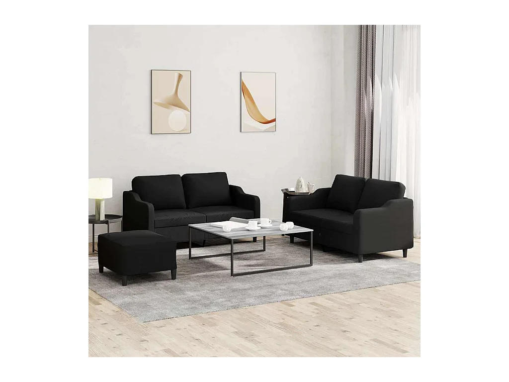 3-teiliges Sofaset mit Kissen, schwarzer Stoff
