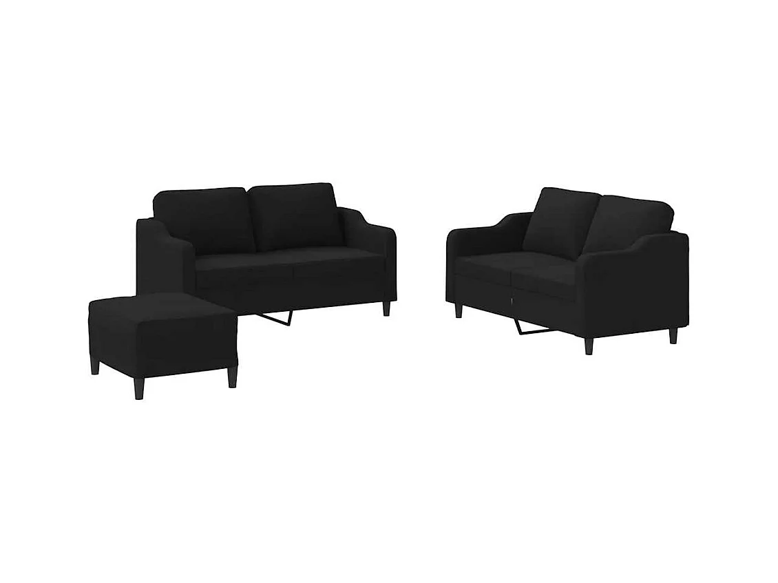 3-teiliges Sofaset mit Kissen, schwarzer Stoff