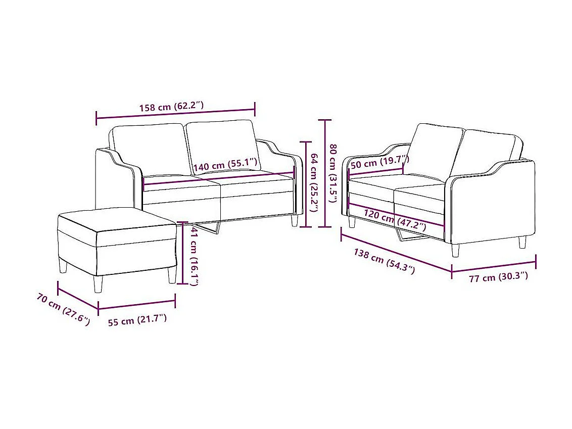 3-teiliges Sofaset mit Kissen, schwarzer Stoff