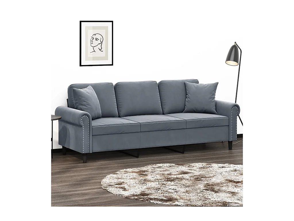 Divano 3 posti con cuscini grigio scuro 180 cm in velluto
