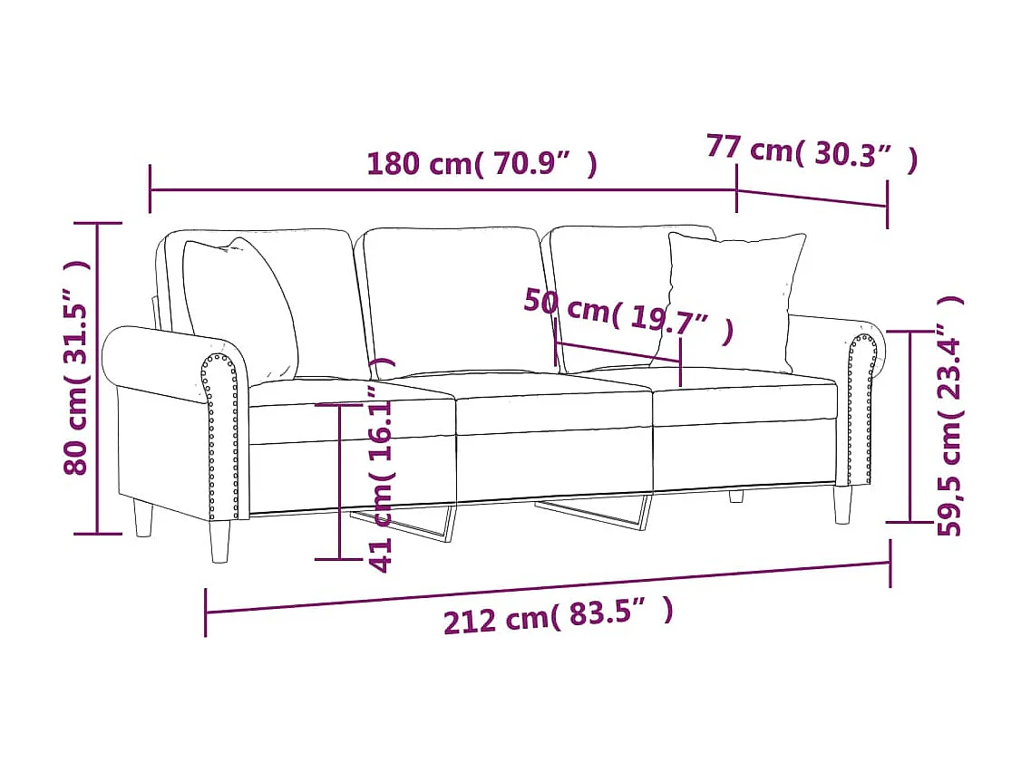 Divano 3 posti con cuscini grigio scuro 180 cm in velluto