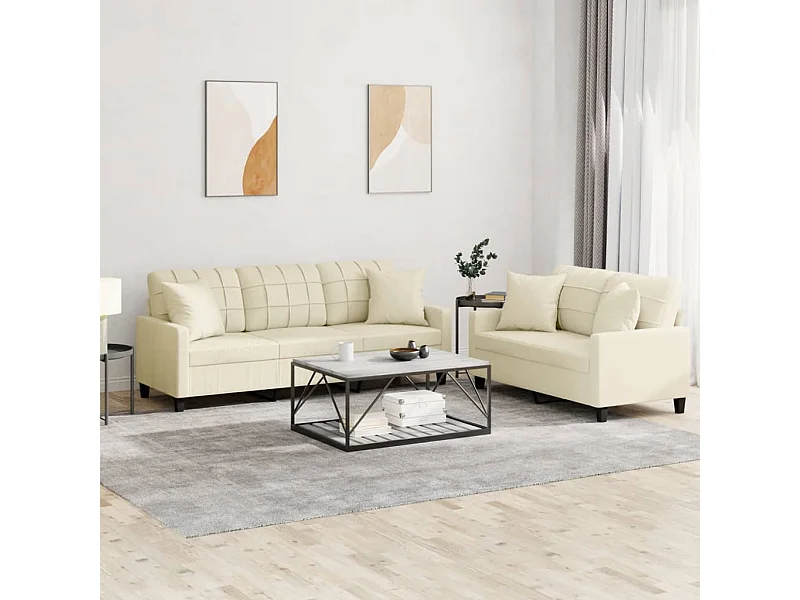 Set di divani 2 pezzi con cuscini in similpelle color crema