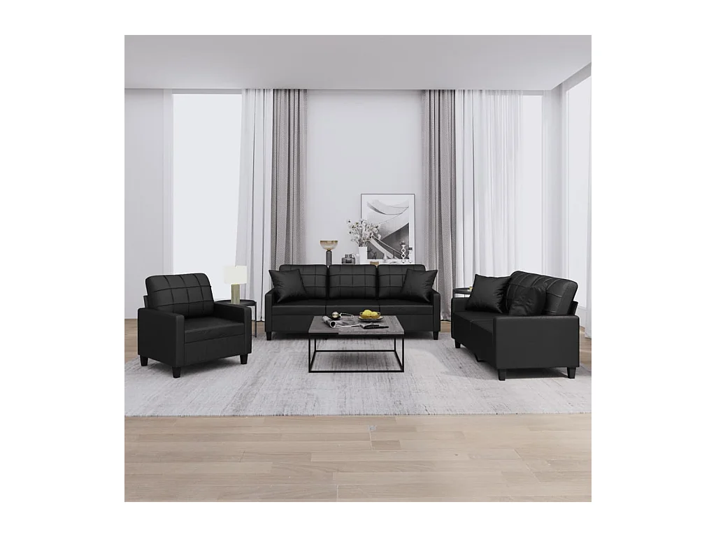 3-teiliges Sofaset mit schwarzen Kunstlederkissen