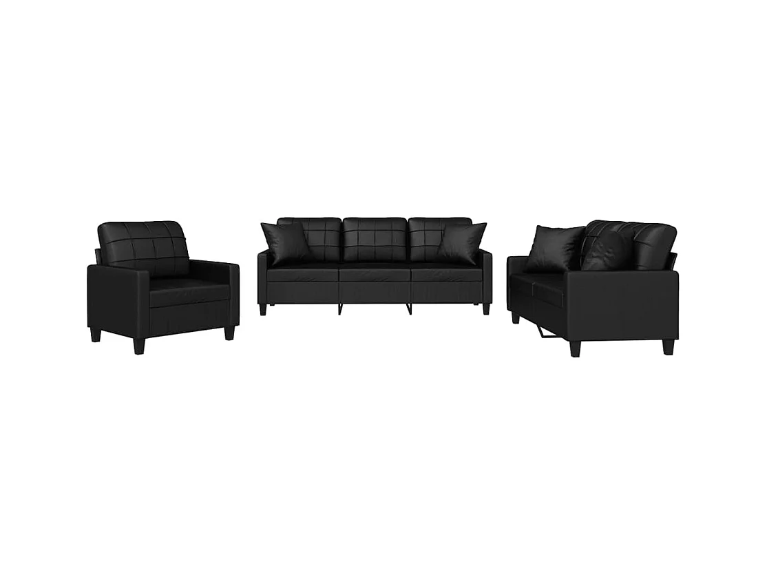 3-teiliges Sofaset mit schwarzen Kunstlederkissen