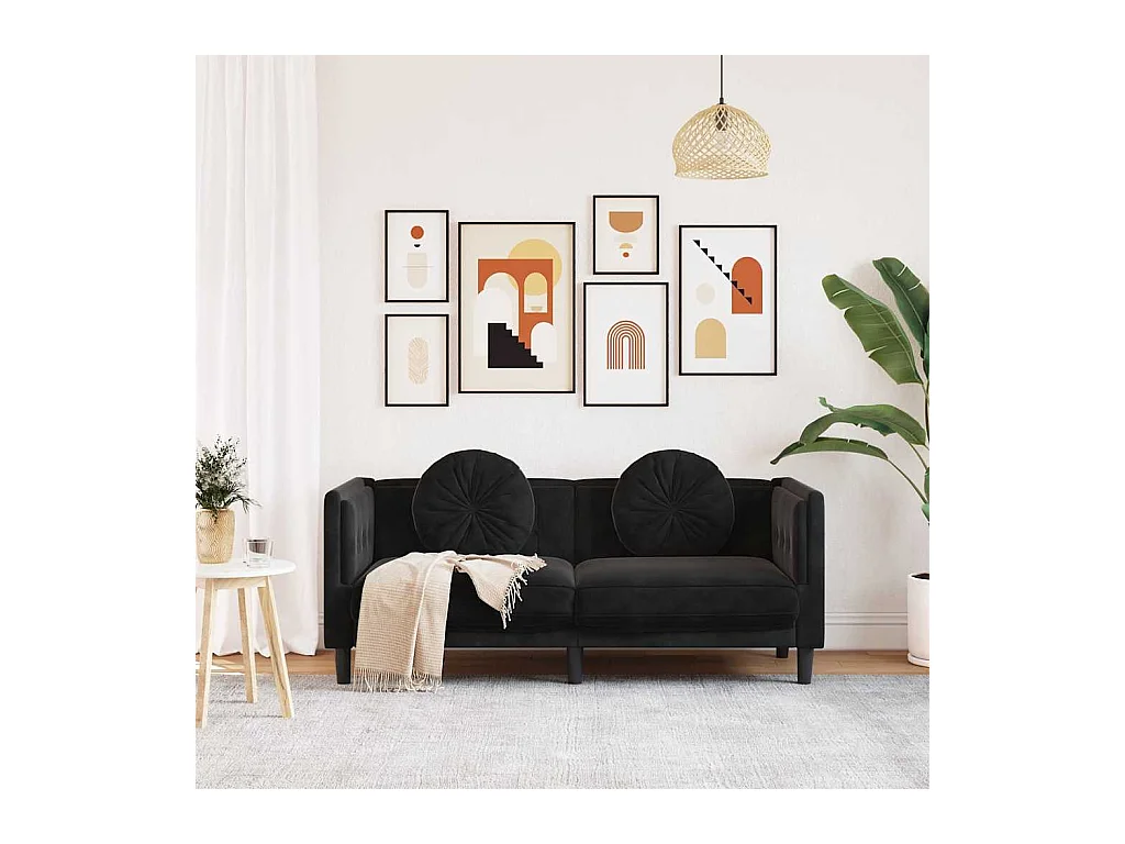 Sofá de 2 plazas de terciopelo negro con cojines
