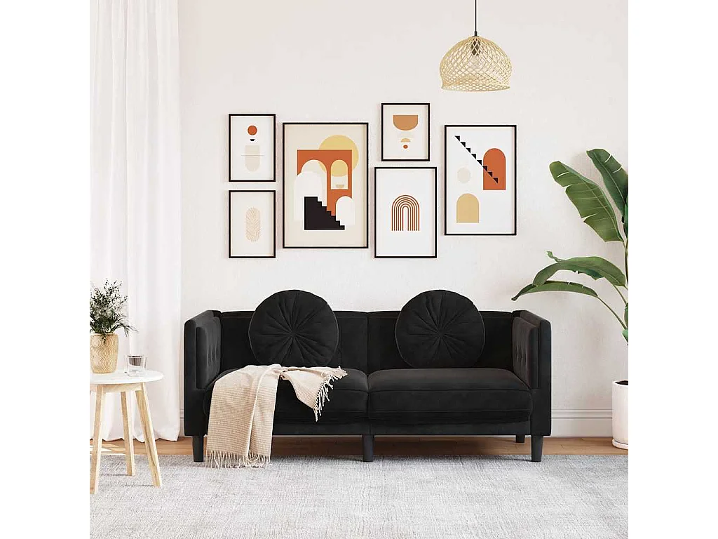 Sofá de 2 plazas de terciopelo negro con cojines