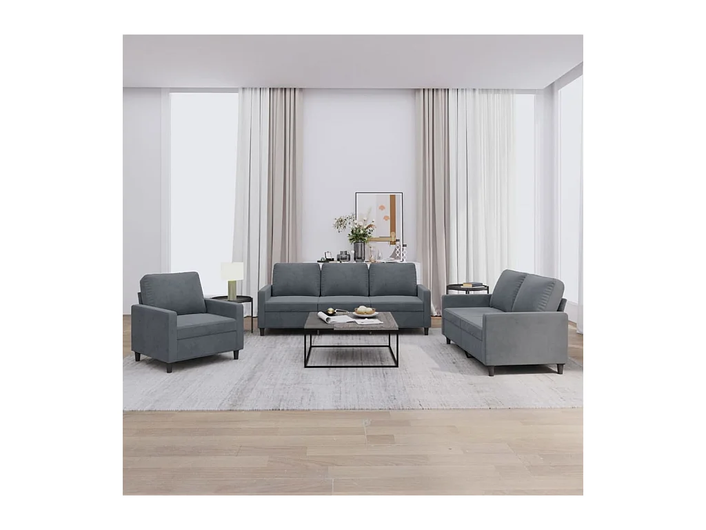 Set di divani 3 pezzi con cuscini in velluto grigio scuro