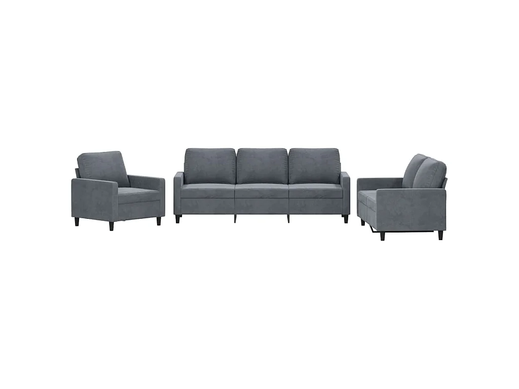3-teiliges Sofaset mit Kissen, dunkelgrauer Samt