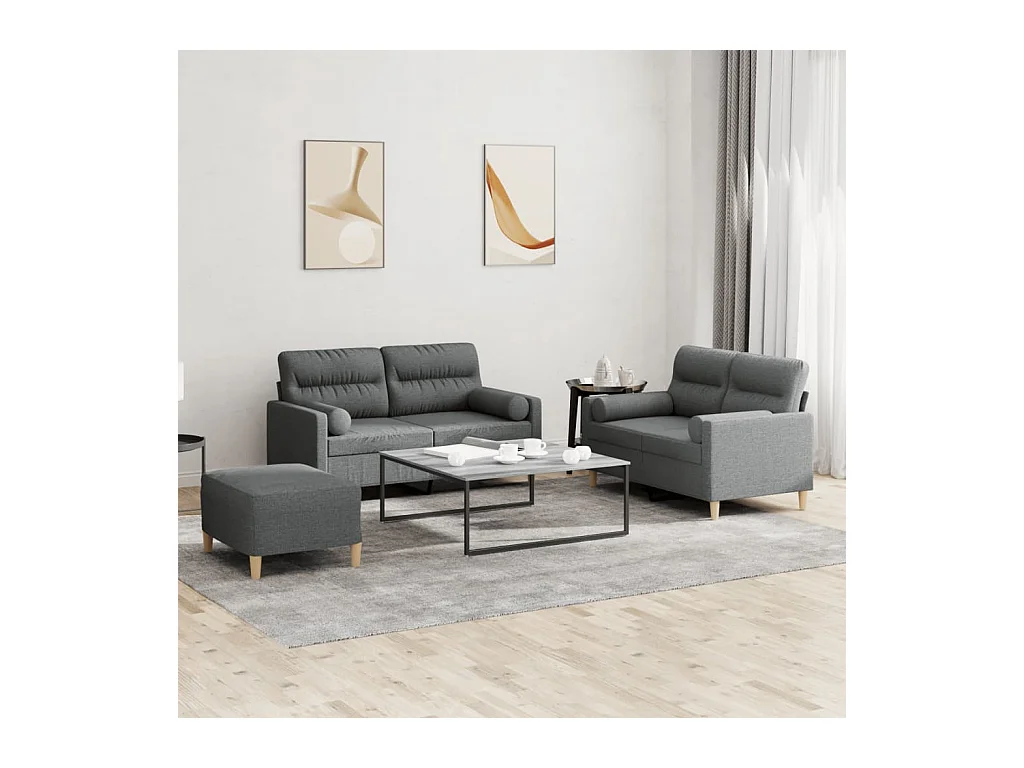 Set di divani da 3 pezzi con cuscini in tessuto grigio scuro