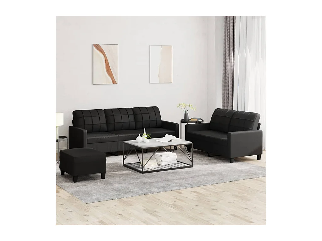 Set di divani 3 pezzi con cuscini in similpelle nera