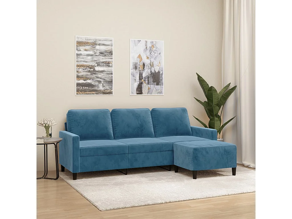 Canapé à 3 places avec repose-pieds Bleu 180 cm Velours