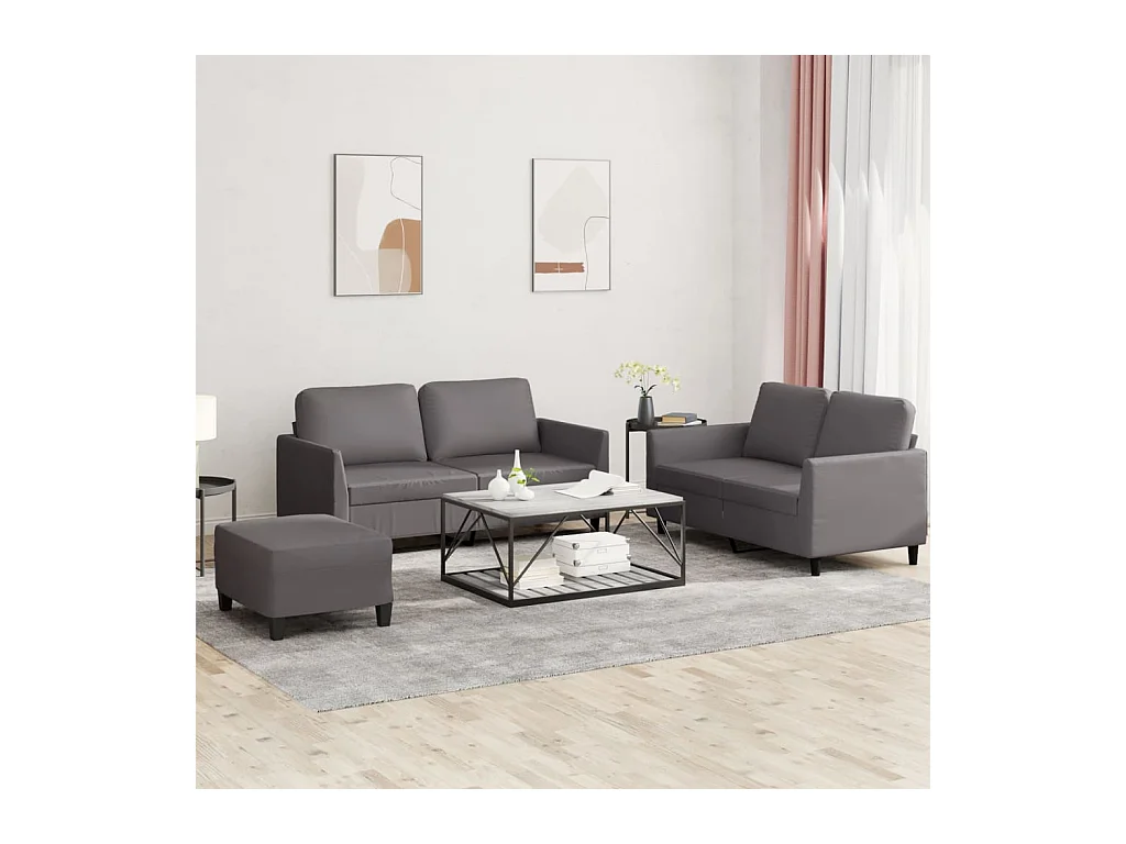 Set di divani 3 pezzi con cuscini in similpelle grigia