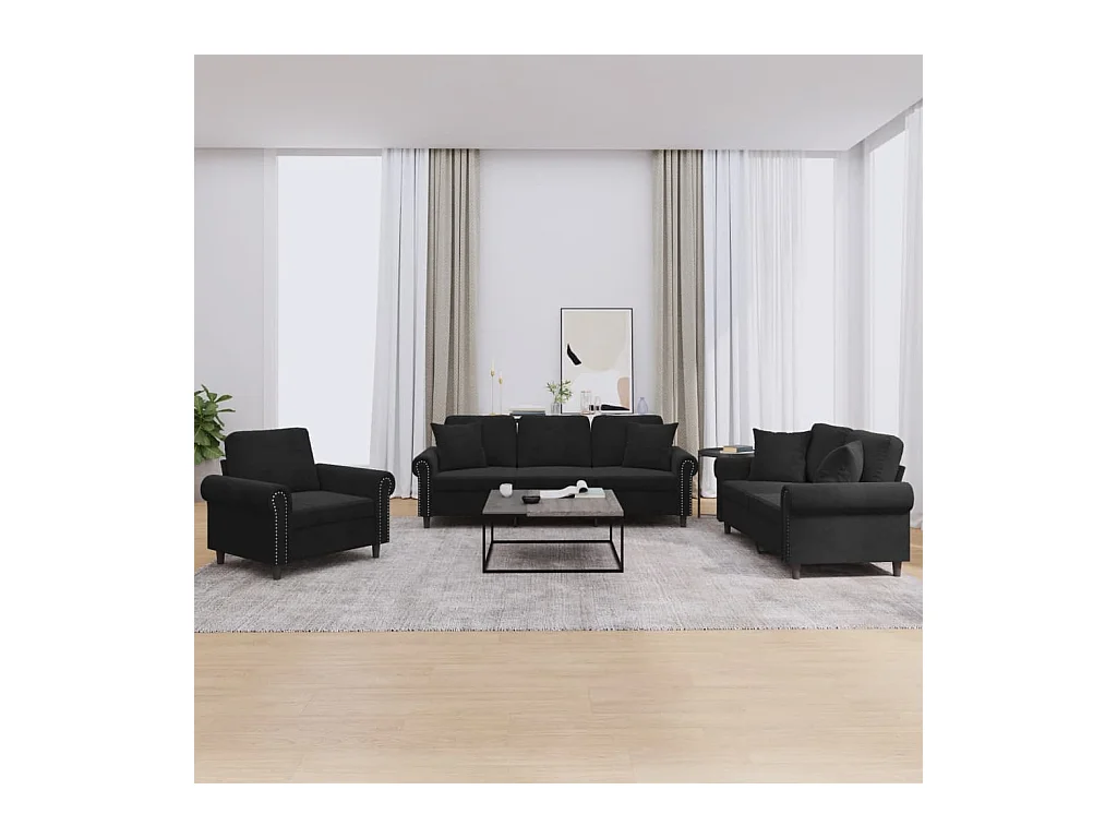 Conjunto de sofá de 3 piezas con cojines de terciopelo negro