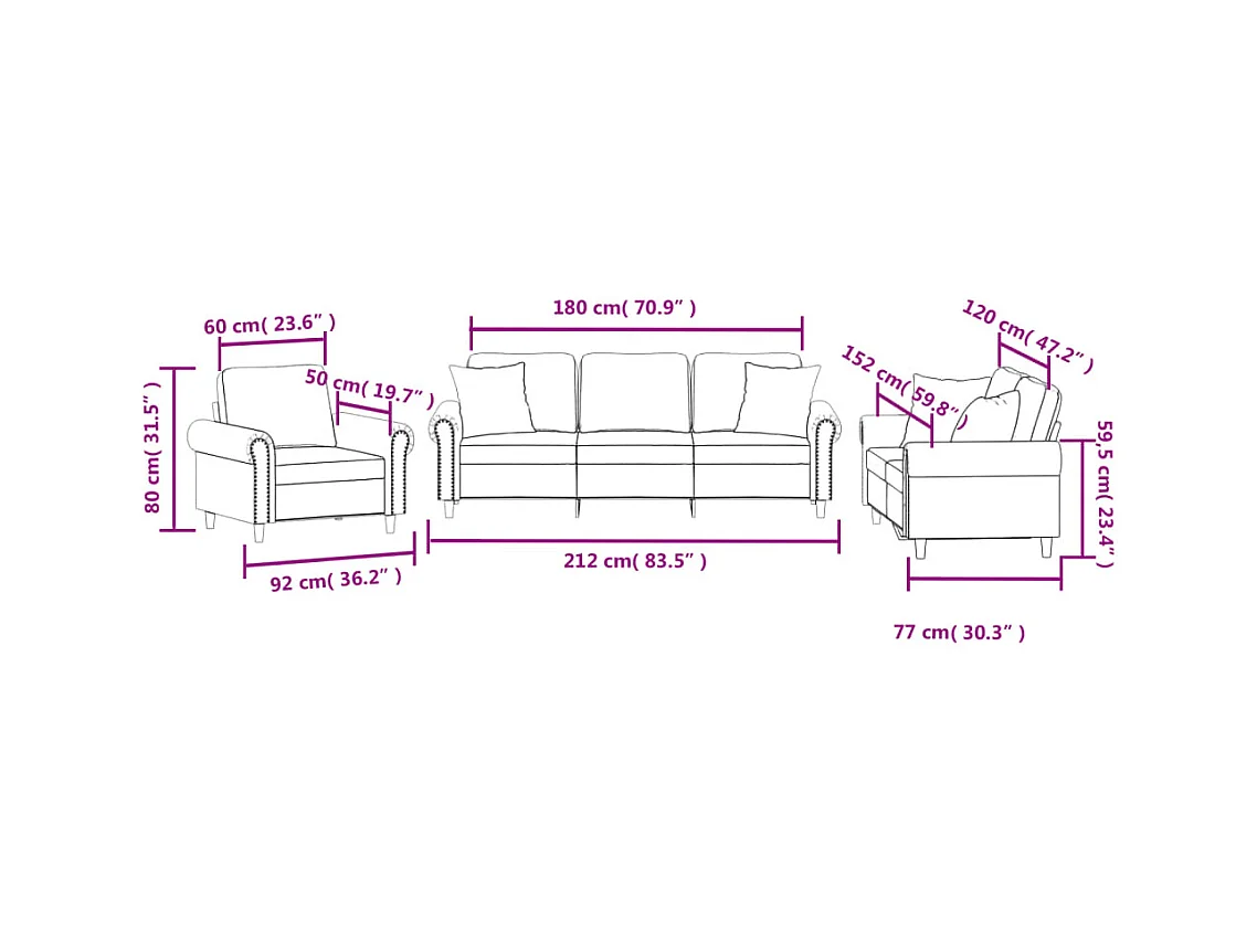 Conjunto de sofá de 3 piezas con cojines de terciopelo negro