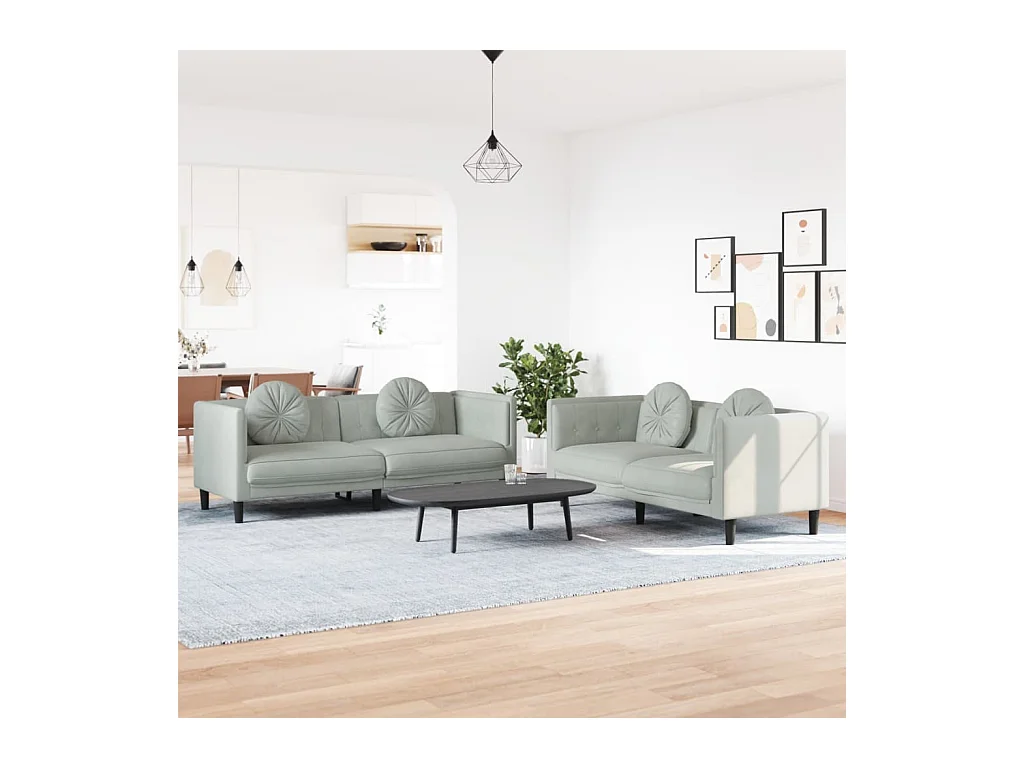 2-delige bankstel met lichtgrijze fluwelen kussens