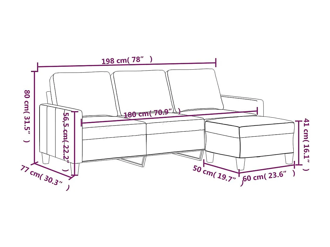 Canapé à 3 places avec repose-pieds Noir 180 cm Similicuir