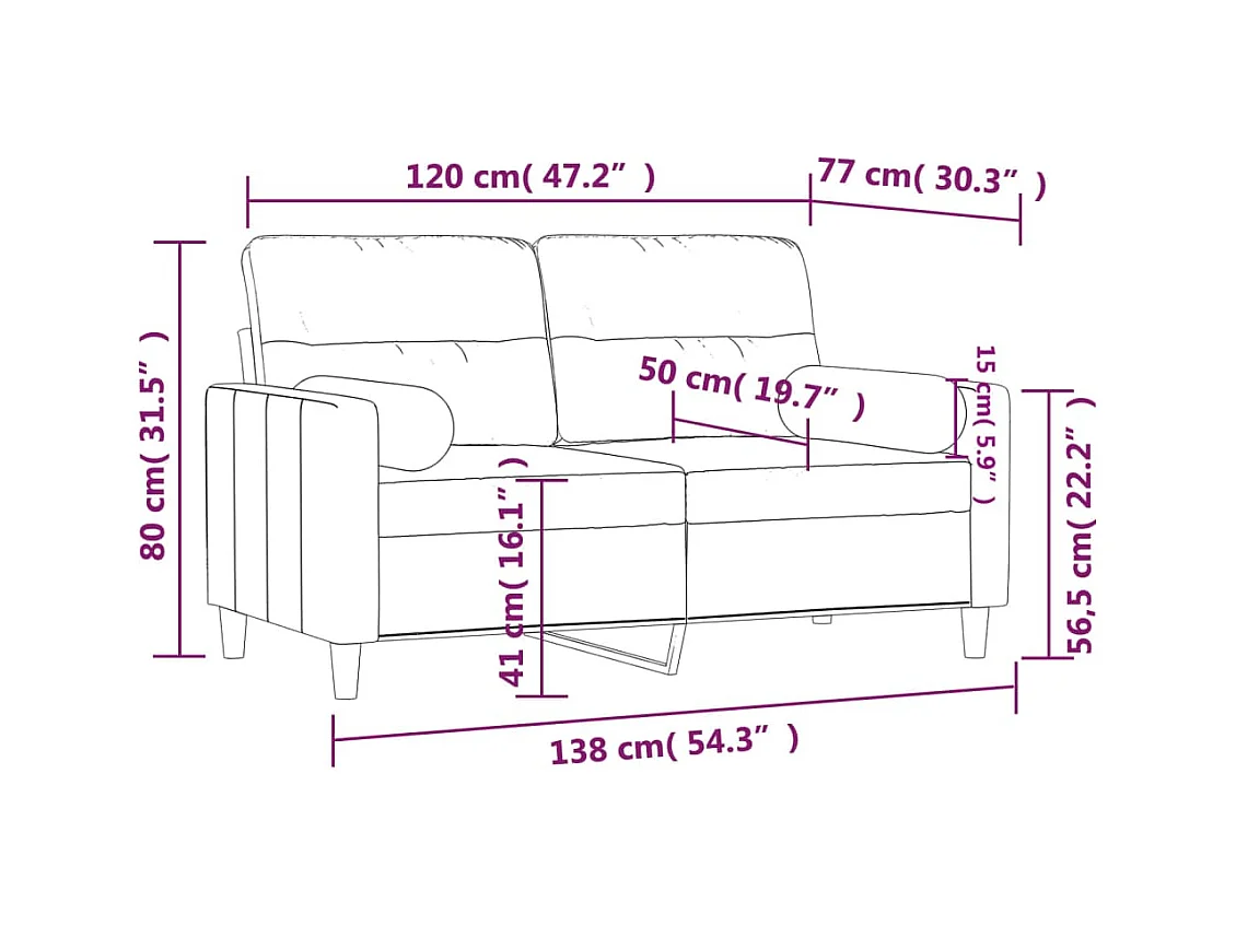 Divano 2 posti con cuscini bordeaux tessuto 120 cm