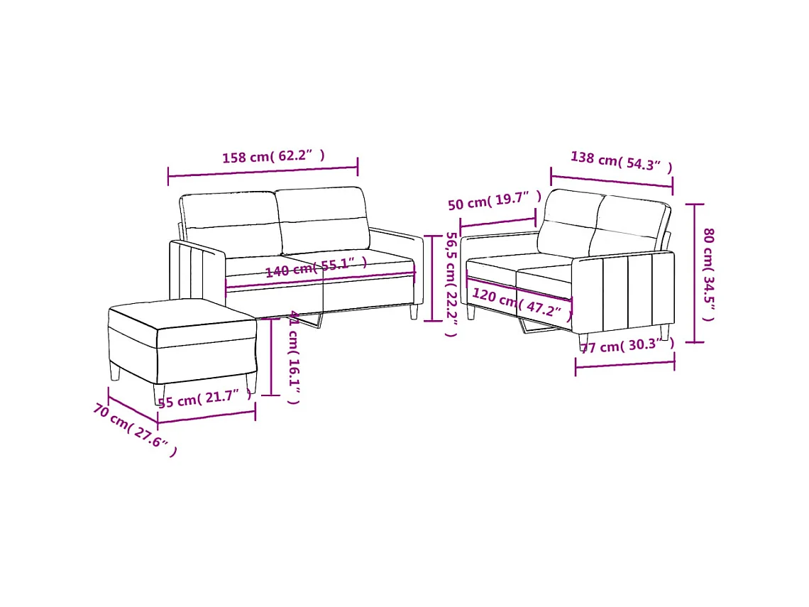 Conjunto de sofá de 3 piezas con cojines Tela Negra