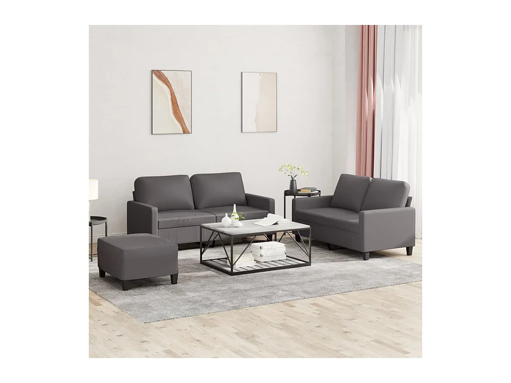 Set di divani 3 pezzi con cuscini in similpelle grigia