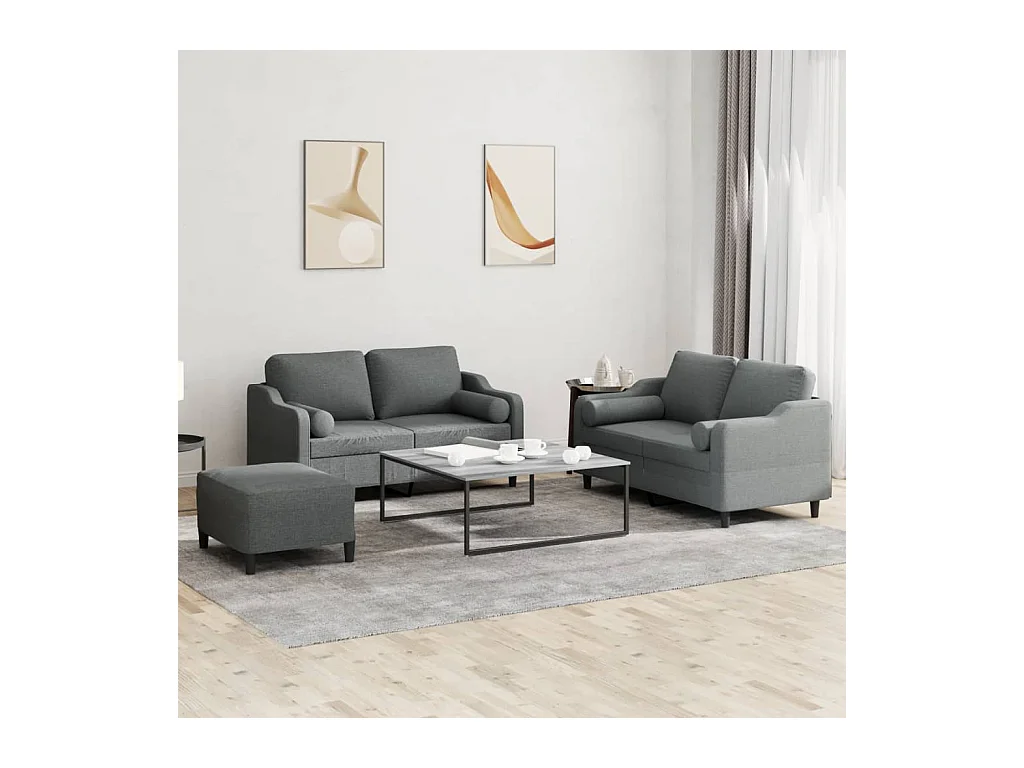 Set di divani da 3 pezzi con cuscini in tessuto grigio scuro