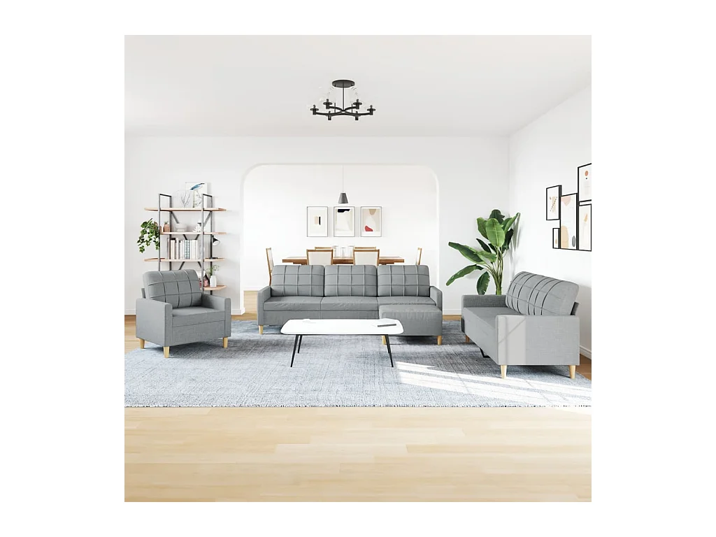 Set di divani 4 pezzi con poggiapiedi in tessuto grigio chiaro