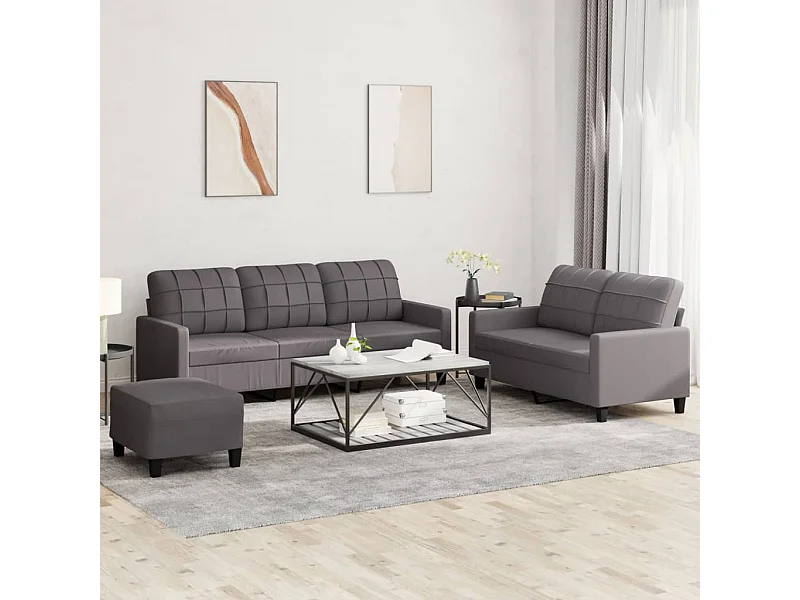Set di divani 3 pezzi con cuscini in similpelle grigia