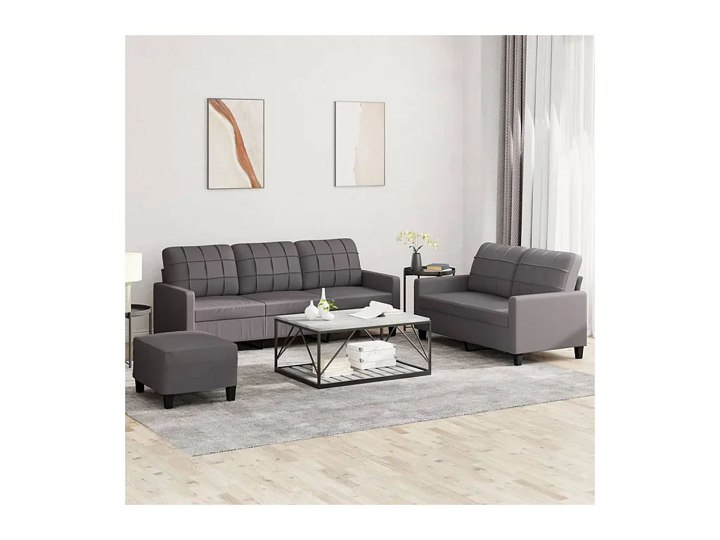Set di divani 3 pezzi con cuscini in similpelle grigia