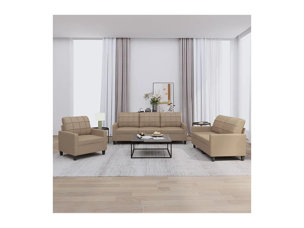 Set di divani 3 pezzi con cuscini in similpelle color cappuccino