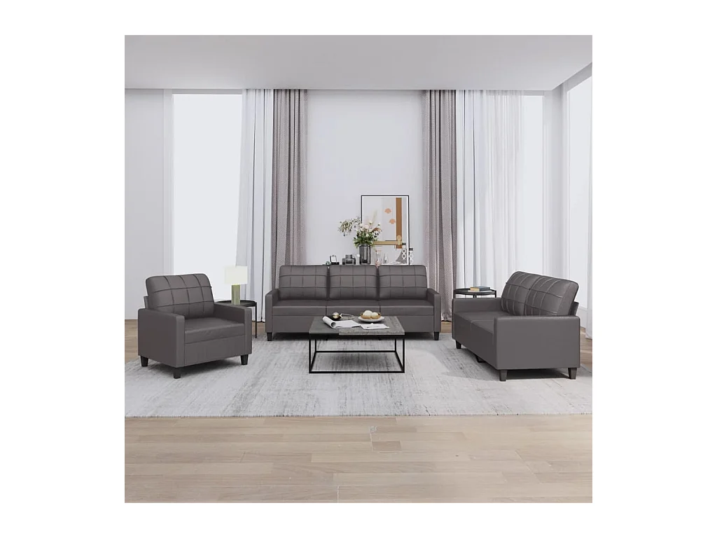 Conjunto de sofá de 3 piezas con cojines de piel sintética gris