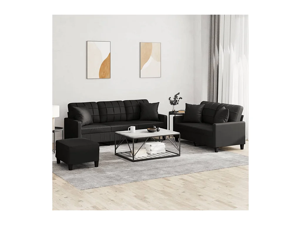 Set di divani da 3 pezzi con cuscini in similpelle nera