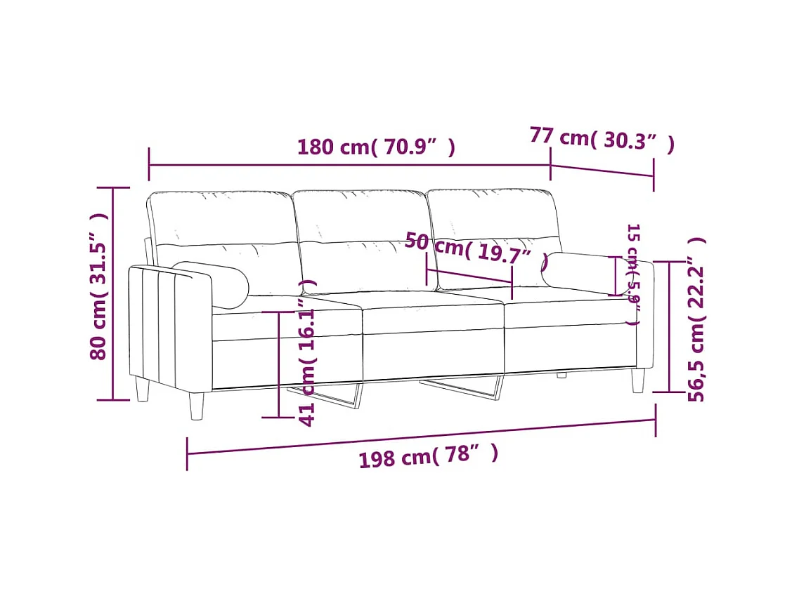 Divano 3 posti con cuscini decorativi tessuto bordeaux 180 cm