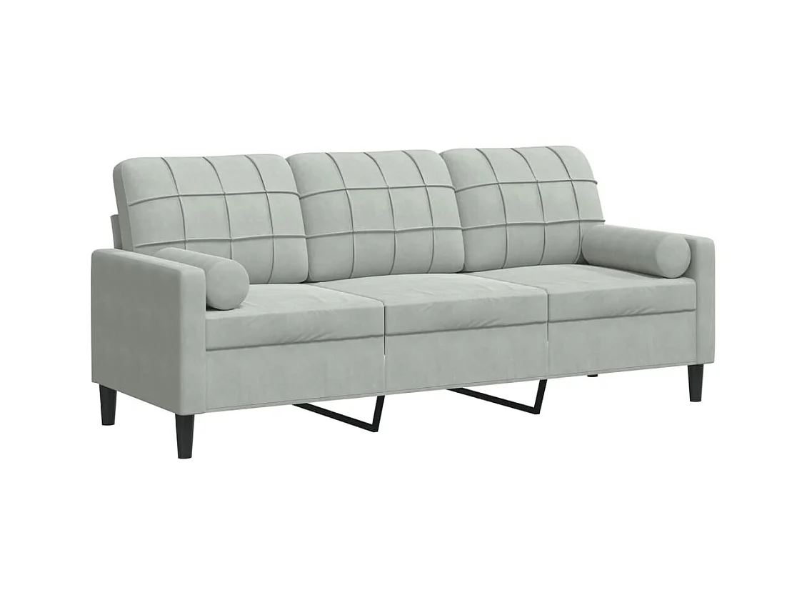 Sofá de 3 plazas con cojines gris claro de terciopelo de 180 cm.