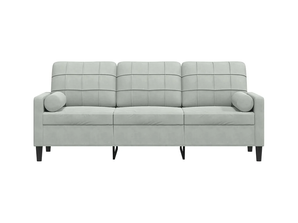 Sofá de 3 plazas con cojines gris claro de terciopelo de 180 cm.