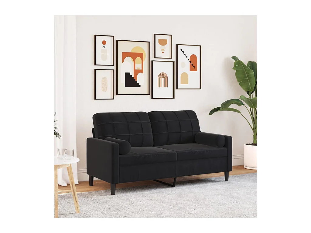 Sofá de 2 plazas con cojines decorativos de terciopelo negro de 140 cm.