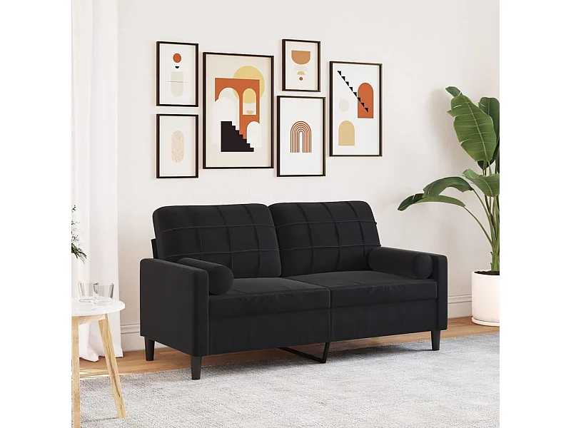 Sofá de 2 plazas con cojines decorativos de terciopelo negro de 140 cm.