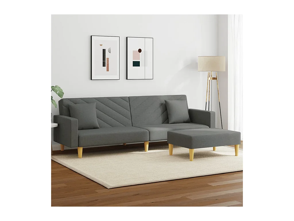 2-zits slaapbank met kussens en voetenbank in donkergrijs