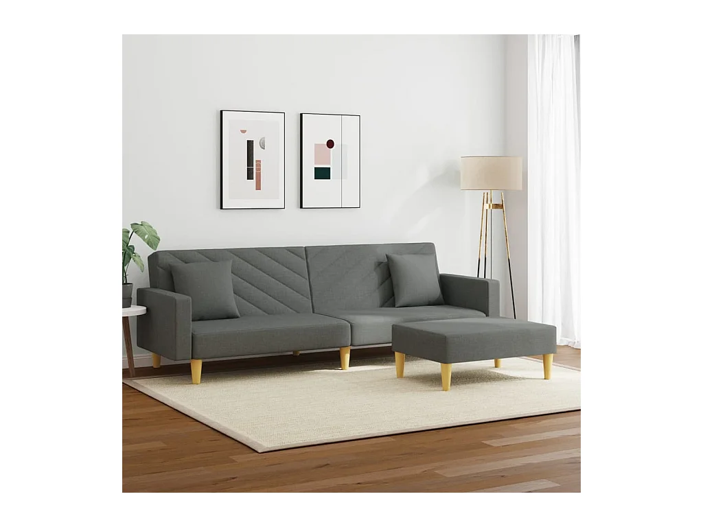 2-zits slaapbank met kussens en voetenbank in donkergrijs