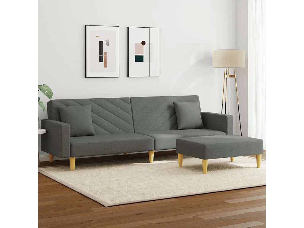 Sofá cama de 2 plazas con almohadas y reposapiés en gris oscuro