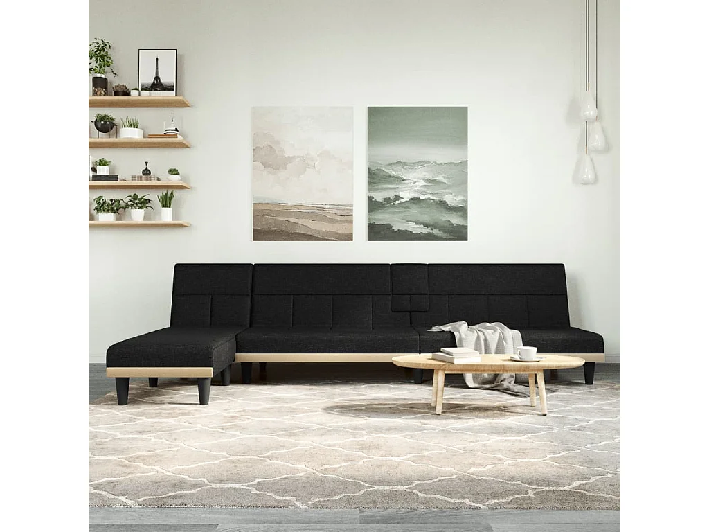 Canapé-lit en forme de L noir 255x140x70 cm tissu