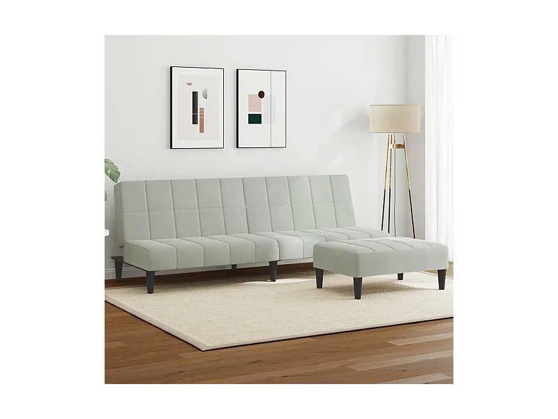 Divano letto a 2 posti con poggiapiedi in velluto grigio chiaro