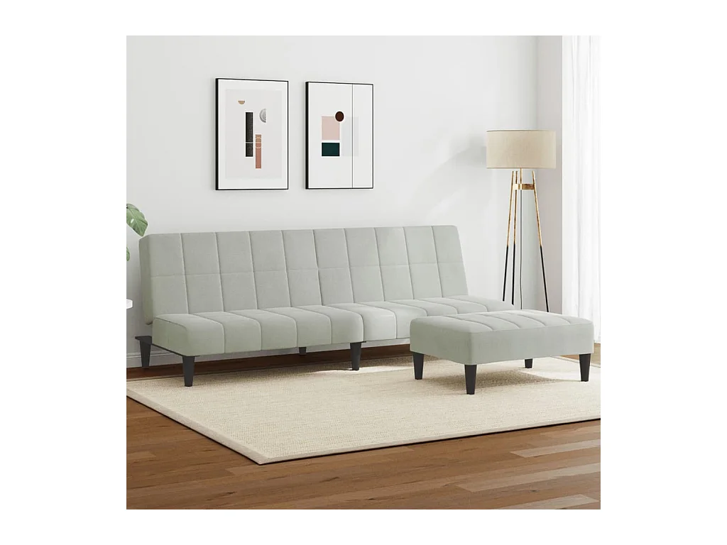 Divano letto a 2 posti con poggiapiedi in velluto grigio chiaro