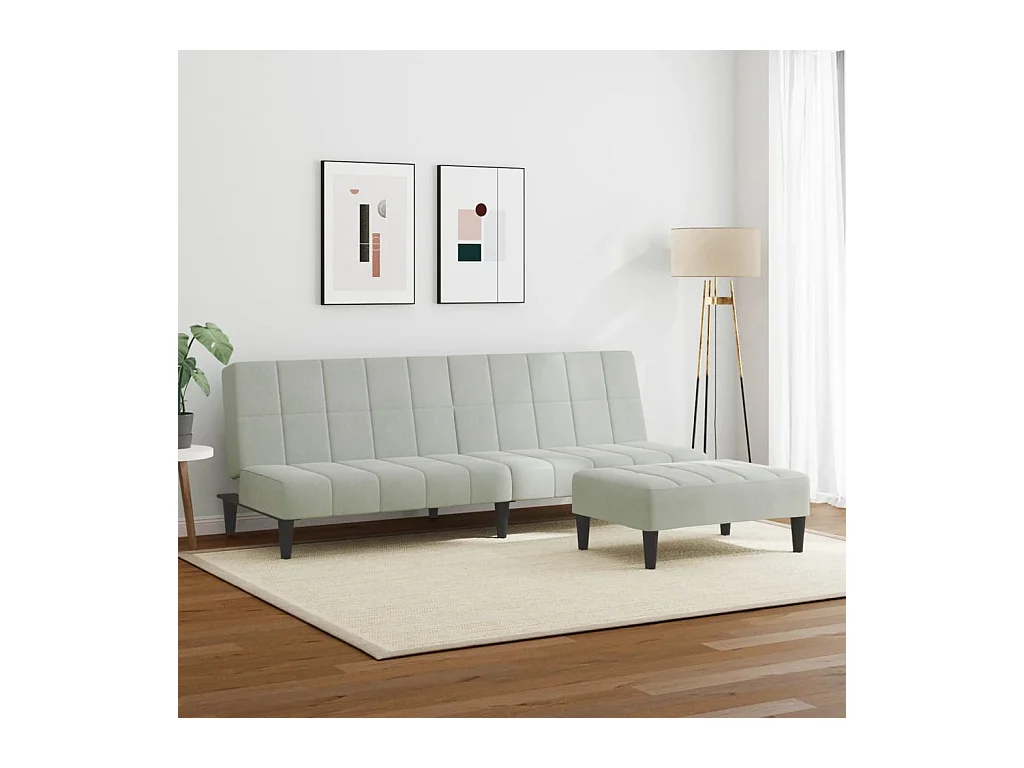 Divano letto a 2 posti con poggiapiedi in velluto grigio chiaro