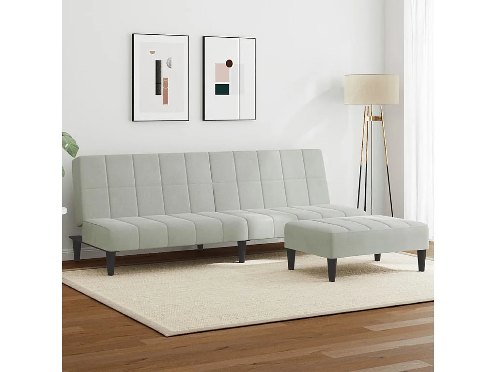 Canapé-lit à 2 places avec repose-pied gris clair velours