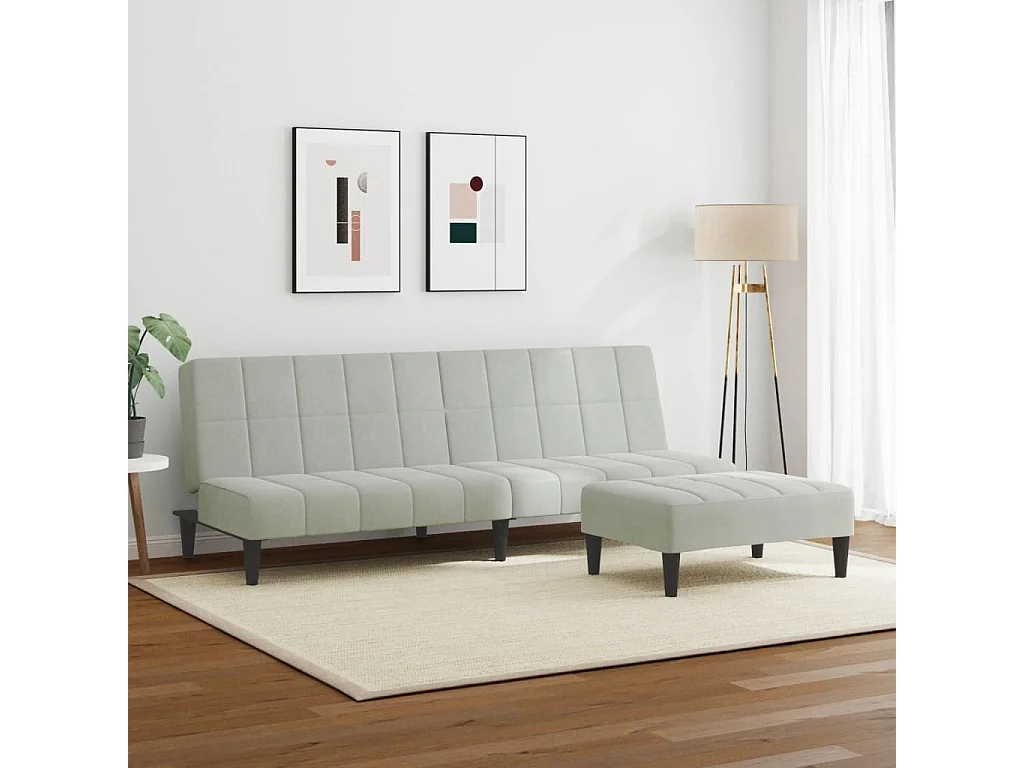 Canapé-lit à 2 places avec repose-pied gris clair velours