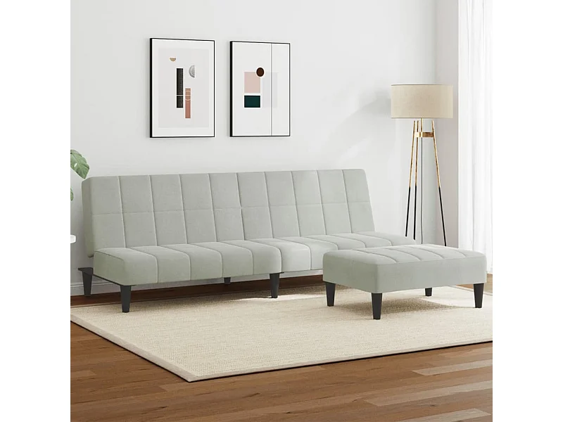 Divano letto a 2 posti con poggiapiedi in velluto grigio chiaro