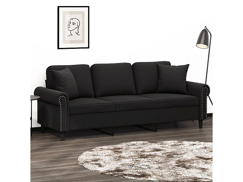 Sofá de 3 plazas con cojines decorativos de terciopelo negro de 180 cm.