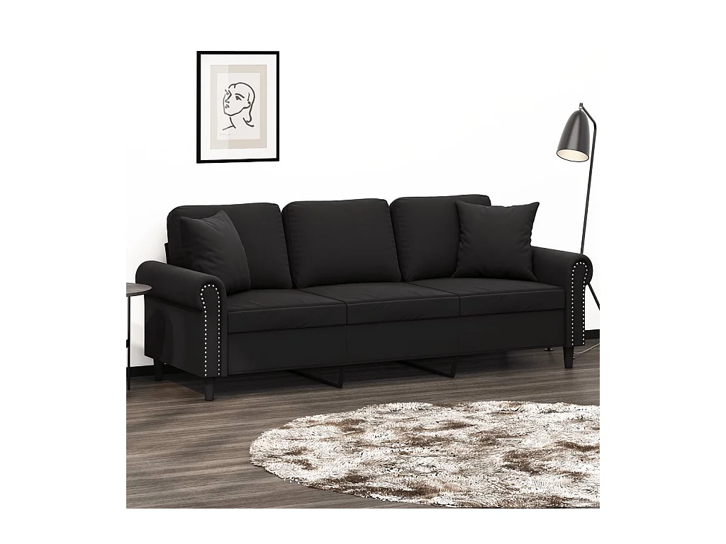 Sofá de 3 plazas con cojines decorativos de terciopelo negro de 180 cm.