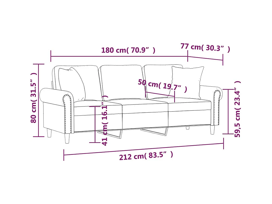 Sofá de 3 plazas con cojines decorativos de terciopelo negro de 180 cm.